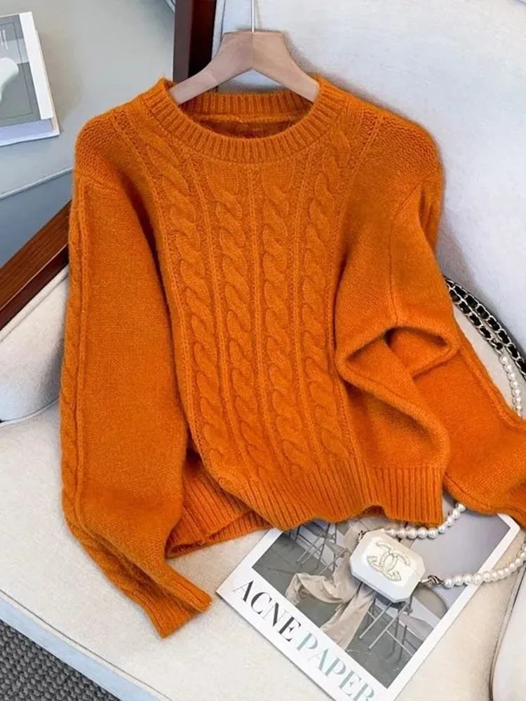 

Loose Fit Knitted Sweater Women's round Ne Twist Design Autumn Winter New Sle Korean Faion Versatile Pure Color Knitwear