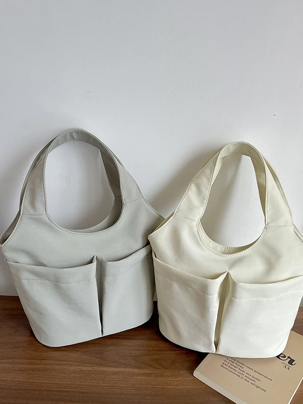 Simple Canvas Handbag Multi-Pocket Lightweight Casual Lunch Bag Commuter Bucket Bag Soft Handle Magnetic Buckle Closure Daily...