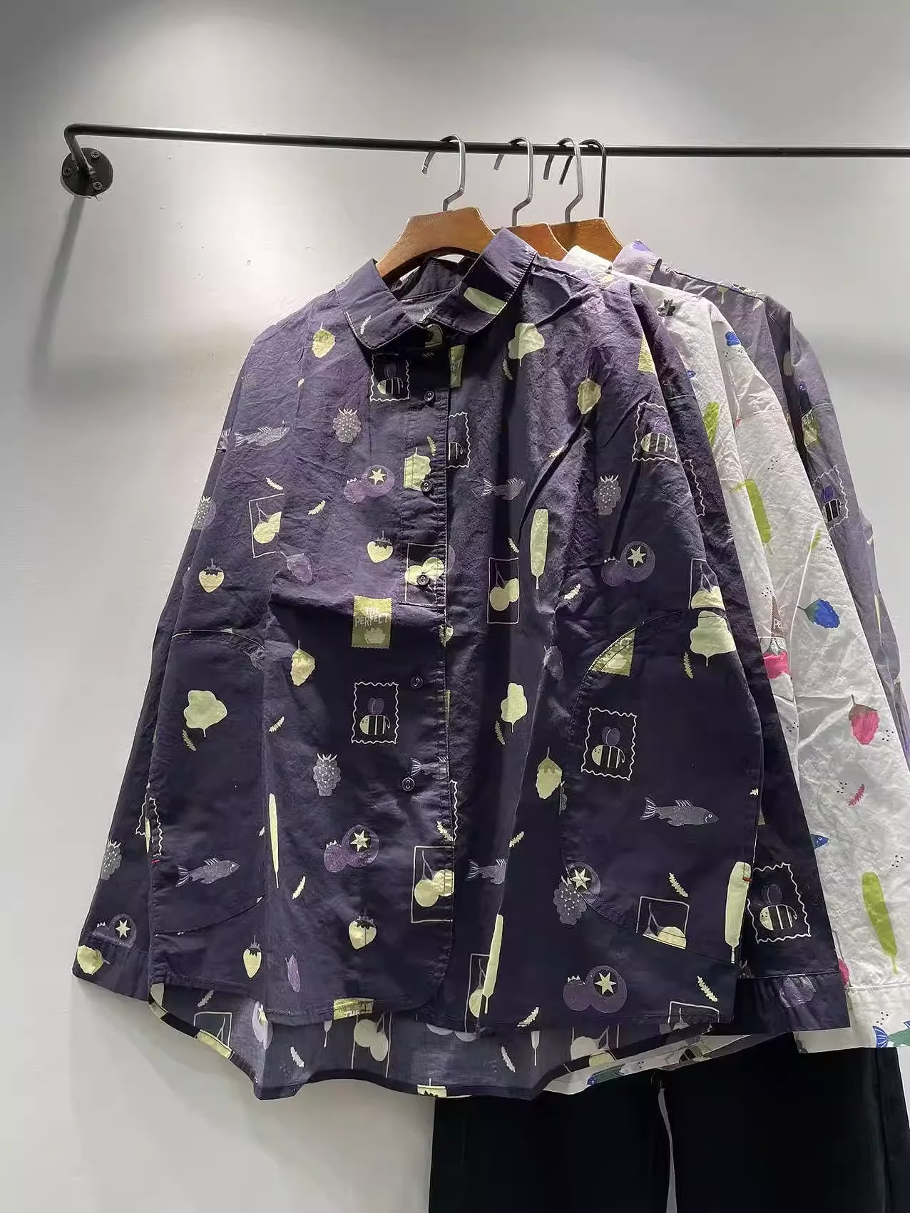 Bust 124cm cartoon strawberry print shirts and blouses for women spring Japan fashion white navy blue oversized shirts