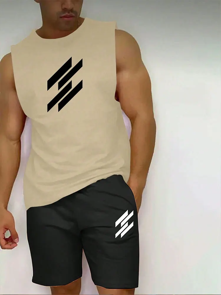 Chaleco y pantalones cortos deportivos para hombre, ropa deportiva con patrón de letras de viaje diario, Color sólido blanco y negro, estilo moderno