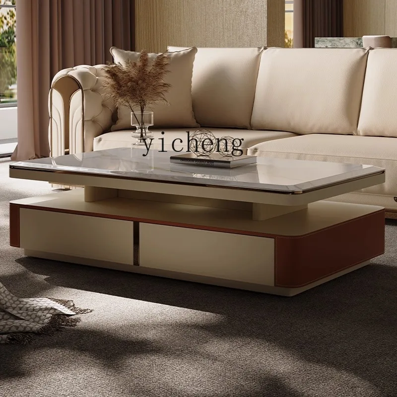 

LX Saddle Leather Coffee Table Double Layer High-End Tempered Glass