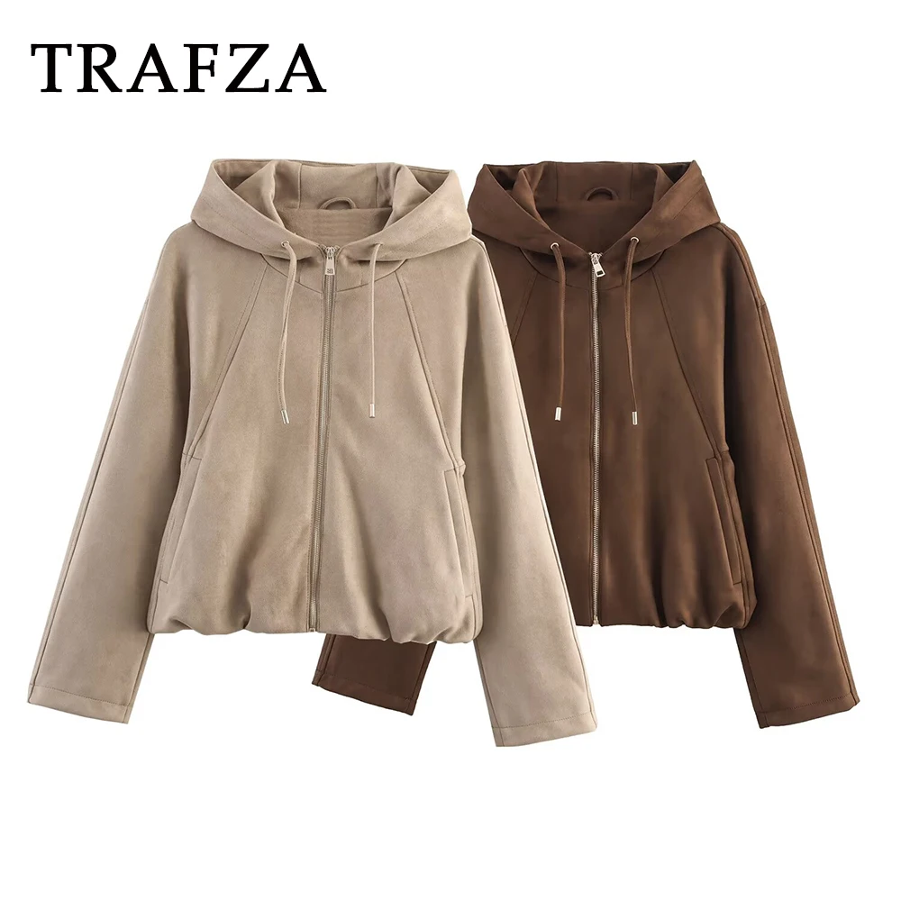 

TRAFZA 2025 Autumn Casual Khaki Women Pilot Jackets Hooded Zipper Loose Coat Pockets Streetwear Fashion Female Vintage Jackets