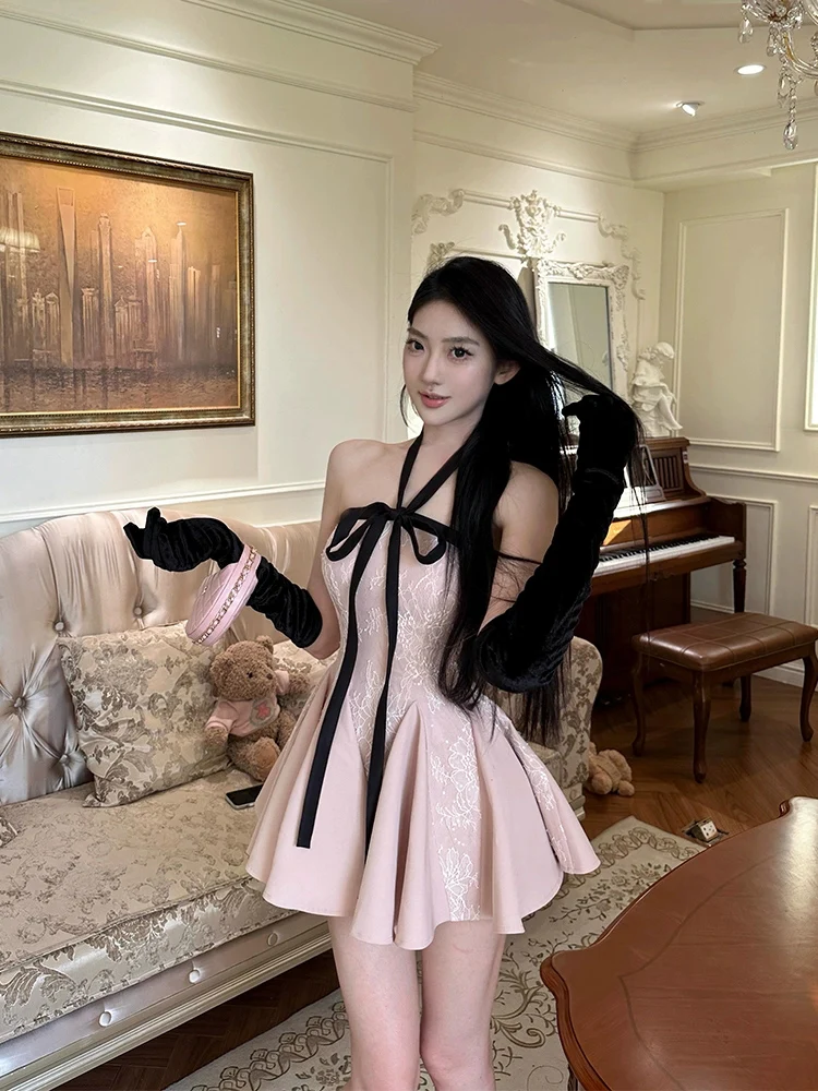 

Ele Lace Splice ort Dr Women's Plump Lady Sle Ne Hanging Belted Dr Winter Season High Waist A-Line Skirt