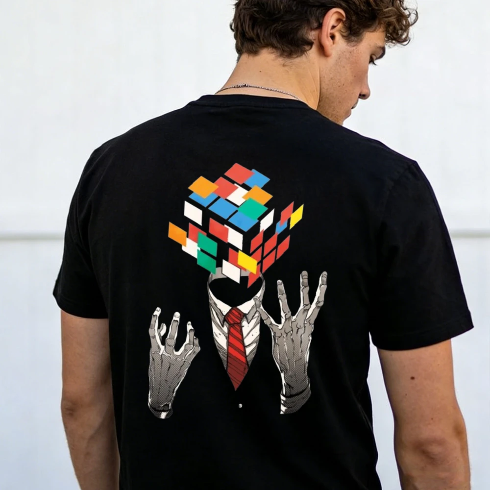 Men's Surreal Rubik Cube Fragment Head Suit Man Printed Tshirt Unisex Cotton Science Student Print Urban Streetwear T Shirt