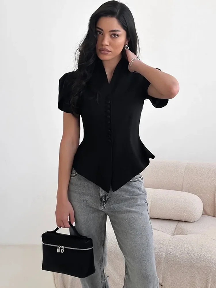 

Elegant Women's Irregular Shirts Short Sleeve Waist-Closed Button V-Neck Lady Top 2026 Spring Summer Chic Female Street Outwear