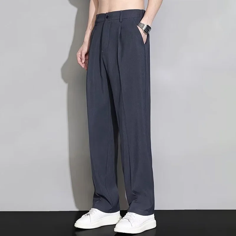 초박형 얼음 실크 남성 바지 여름 넓은 다리 스트레이트 스포츠 느슨한 하이틴 캐주얼 바지 통기성 편안한 긴 바지