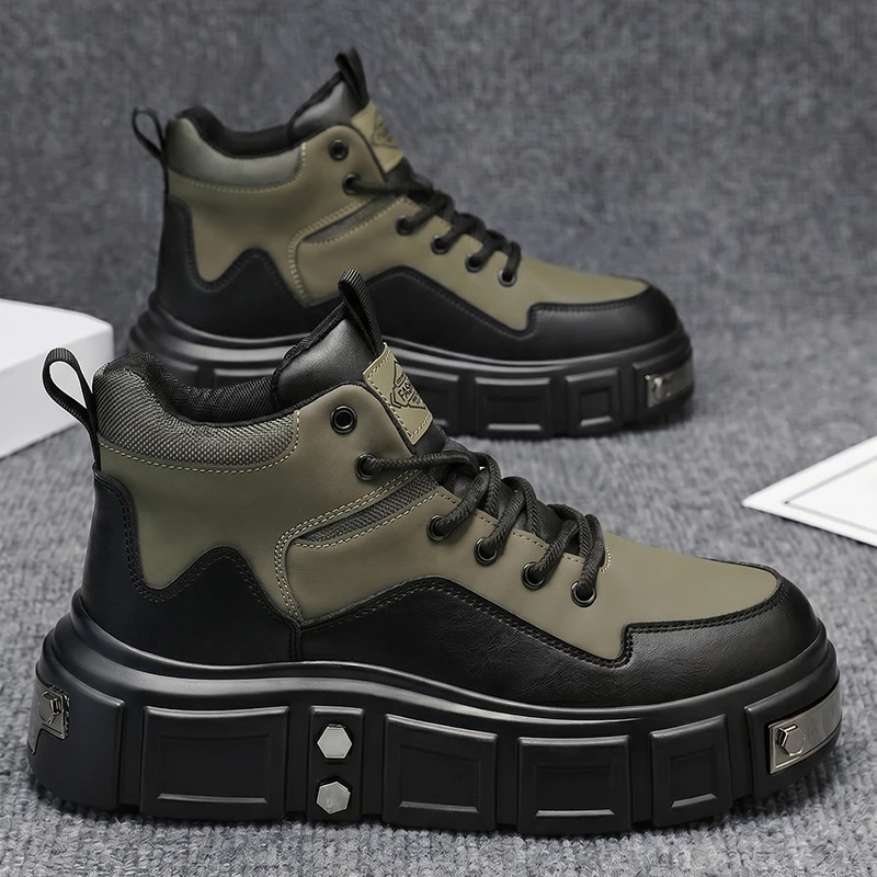 Men American Retro Work Boots Chunky Platform Sole Vintage Leather Lace Up Outdoor Hiking Footwear