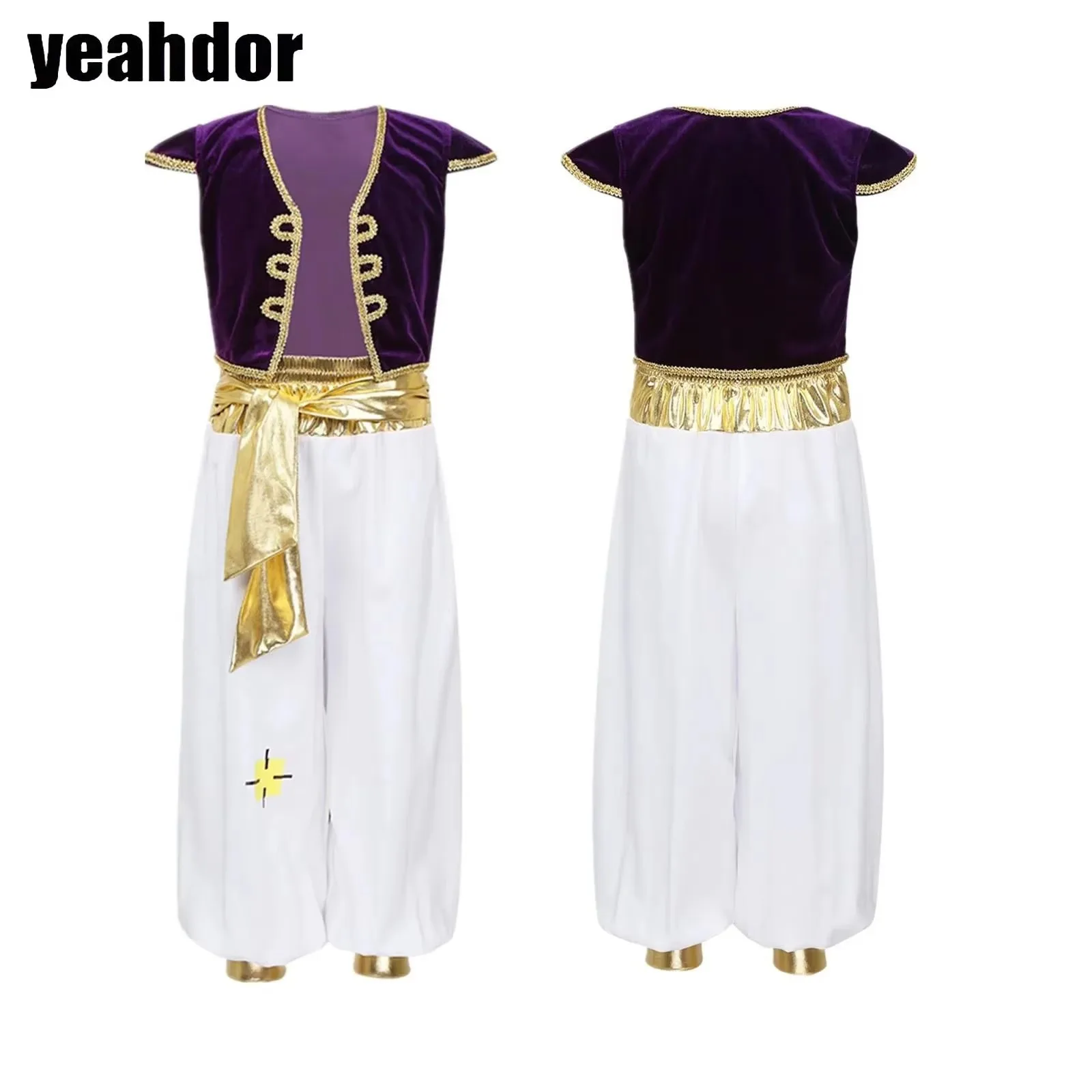

Boys Arabian Prince Cosplay Dress Up Sleeves Vest Waistcoat Top with Harem Pants Suit Halloween Carnival Aladdins Costume Outfit