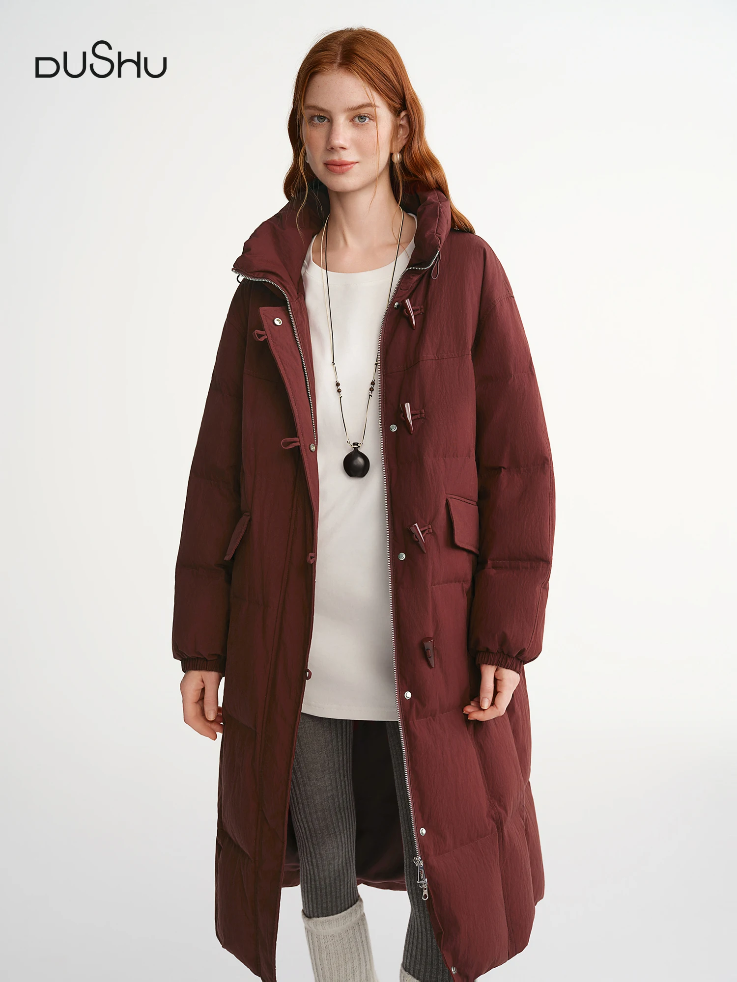 DUSHU الوقوف طوق القرن زر طويل أسفل سترة 2025 الأبيض بطة أسفل سترة بسيطة الصلبة الترفيه معاطف مستقيمة فضفاضة تناسب