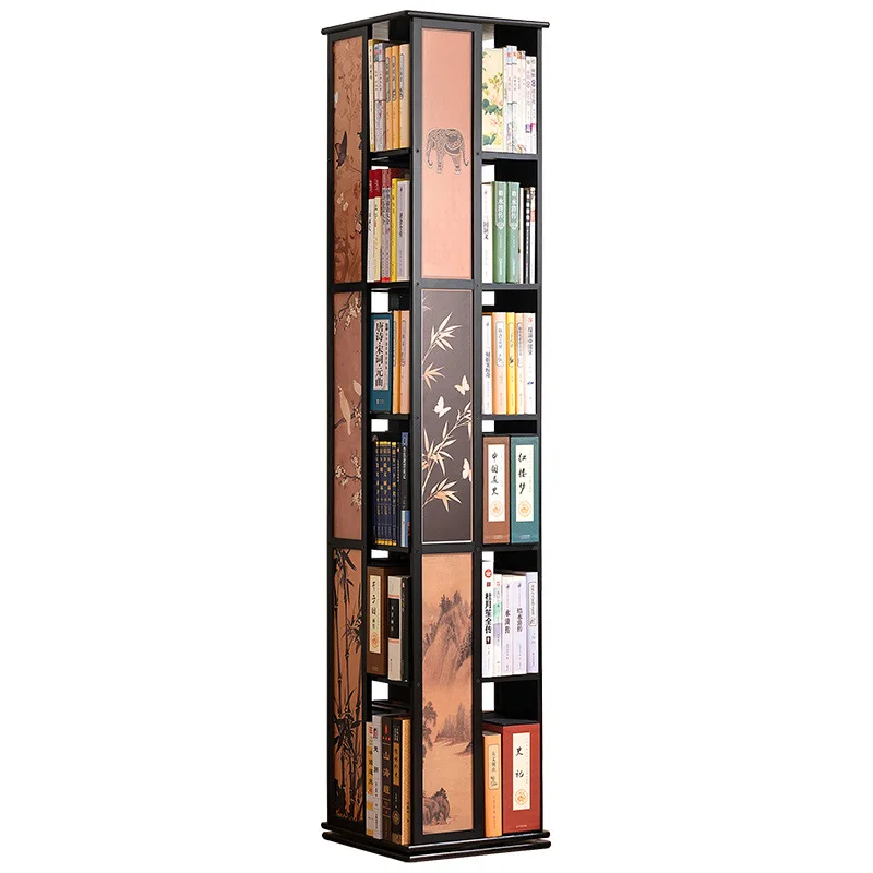 us-Living Room Rotating Bamboo Bookshelf Floor-Standing Light Luxury Children's Picture Book Storage Rack-
