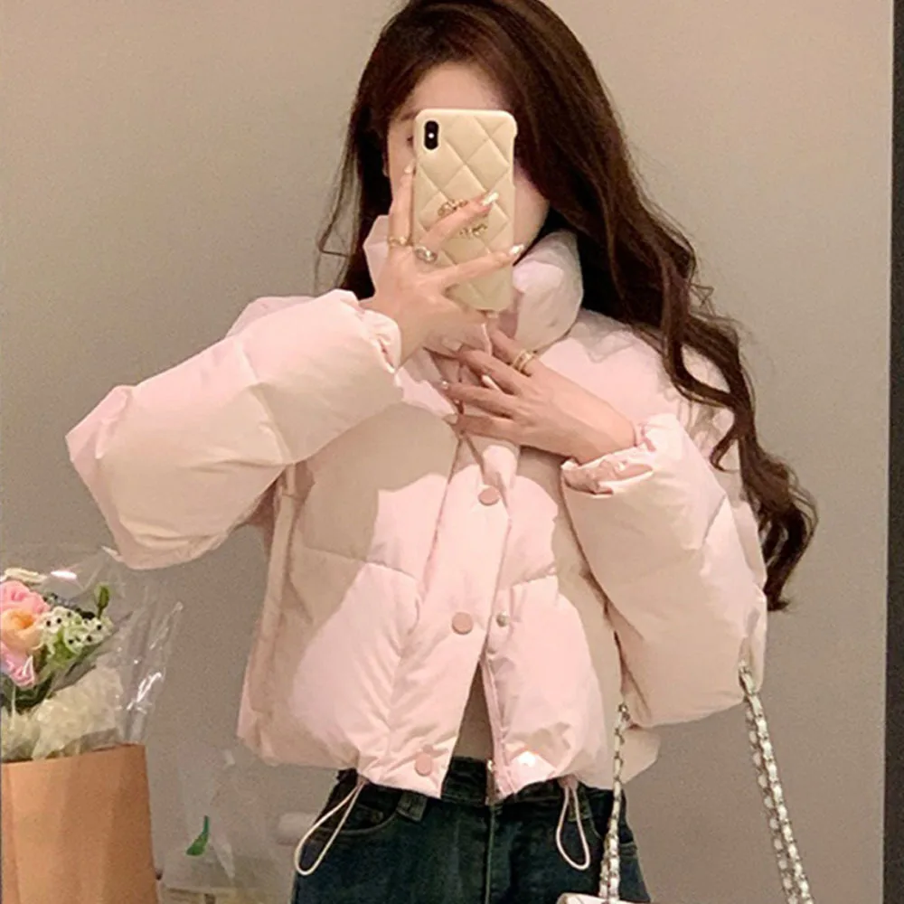 Korean Pink Cotton Jackets For Women Warm Slim Short Parkas Coat Casual Fashion Bread Clothing Ladies Sweet Solid Cotton Outwear