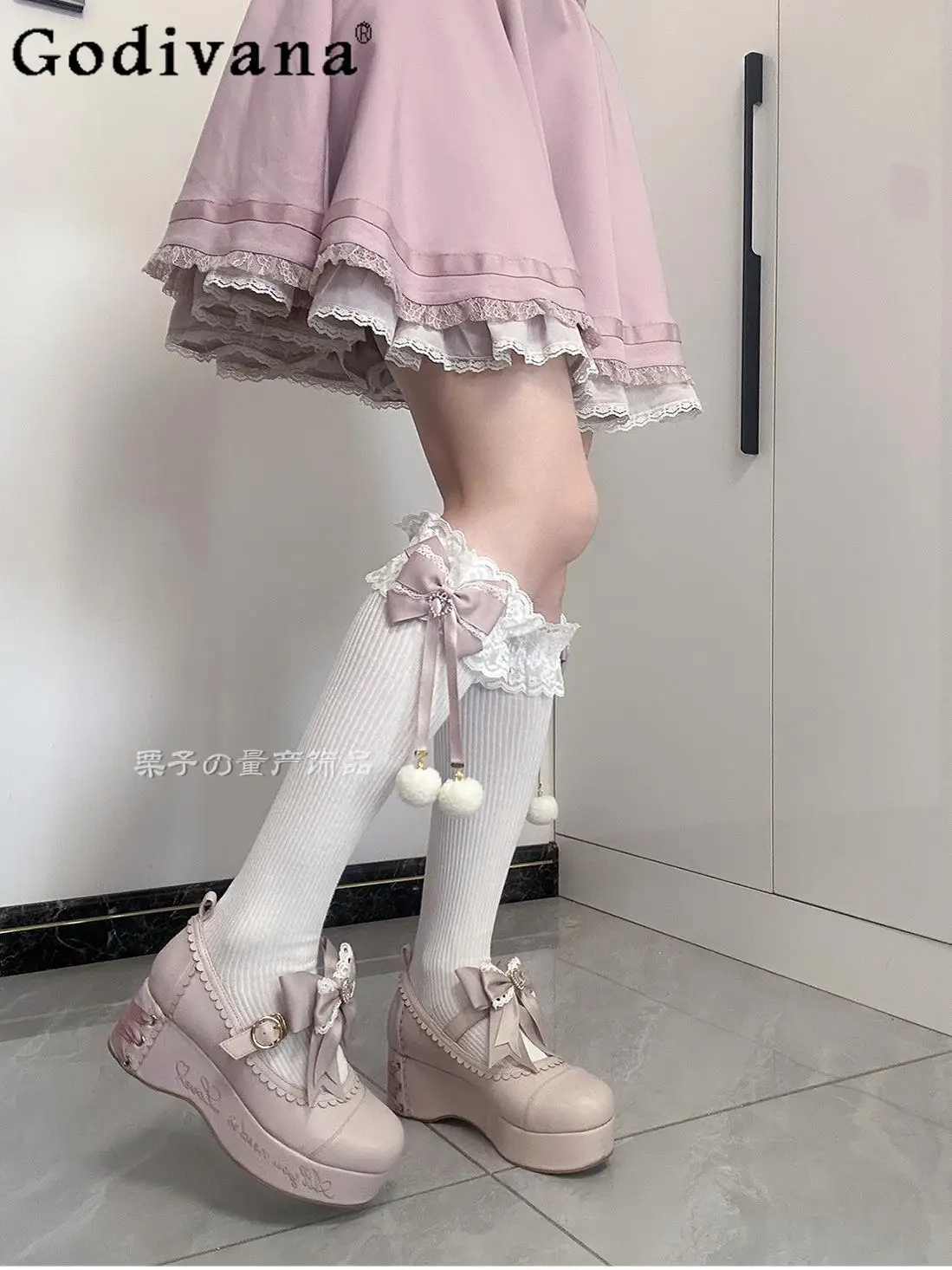 Women's  Japanese Mine Style Long Tube Socks New Autumn Winter Cute Hairball Bow Calf-length Socks Lolita Girls JK Knee Socks