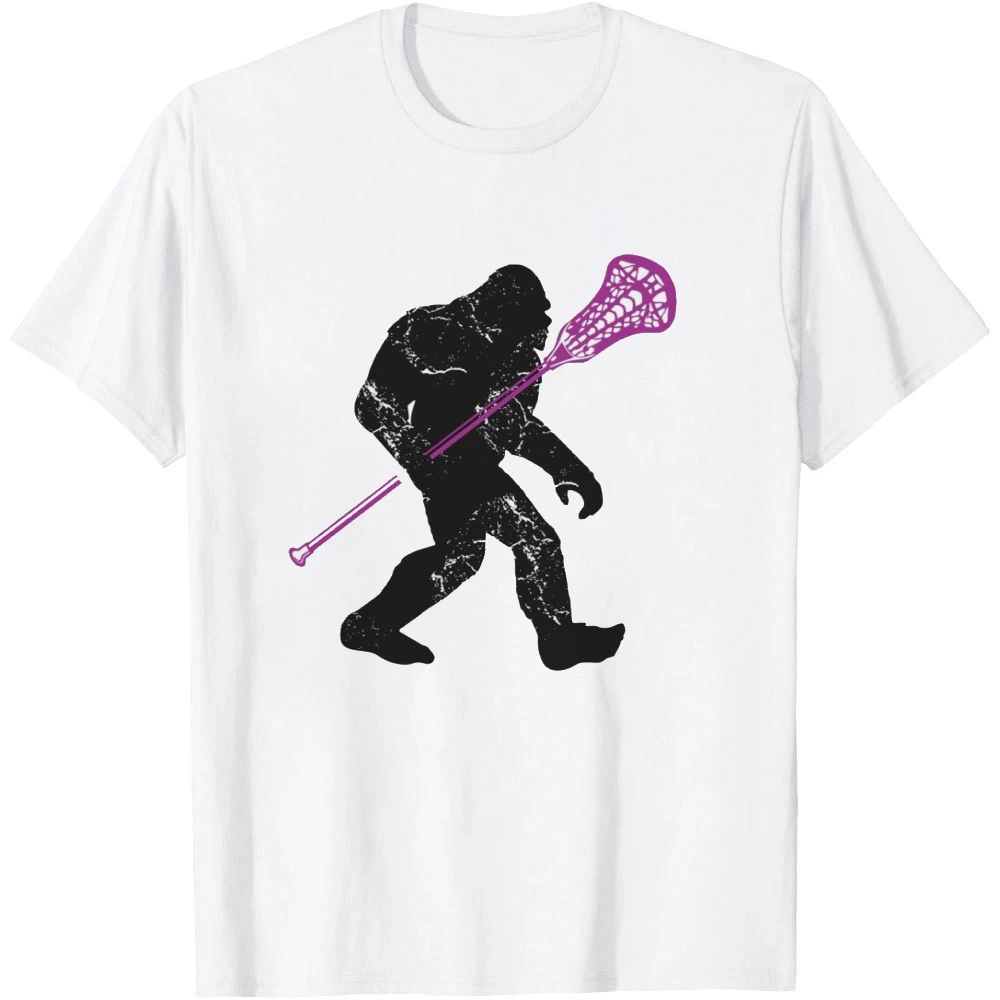 Bigfoot With Lacrosse Stick Distressed Silhouette Men Summer T Shirt Funny Cryptid Sport Short Sleeve Garment