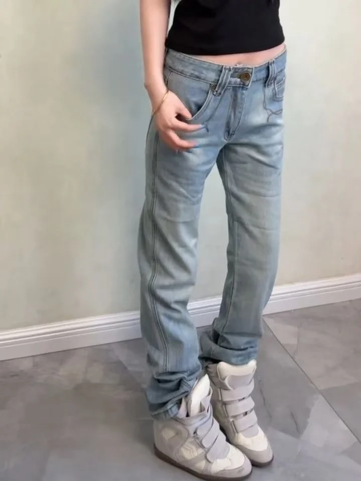 

Женские синие джинсы скинни с низкой посадкой, в стиле японского Abi Y2K, гяру, ковбойские, американские ретро, высококачественные джинсы с эффектом стирки, джинсы-стакед