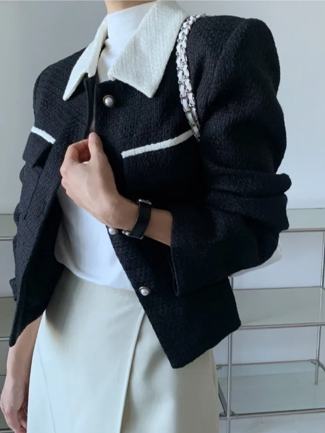 

Chic ort Coat Jaet Women's Autumn 2025 Square Design Thiened Woolen Long Sve Suit Collar Top Polyester Fiber