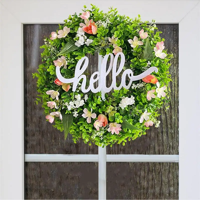 Alphabet Wreath Green Artificial Wreaths With Hello Sign Flower Wreath For Front Door Wall Window Festival Farmhouse Porch Patio