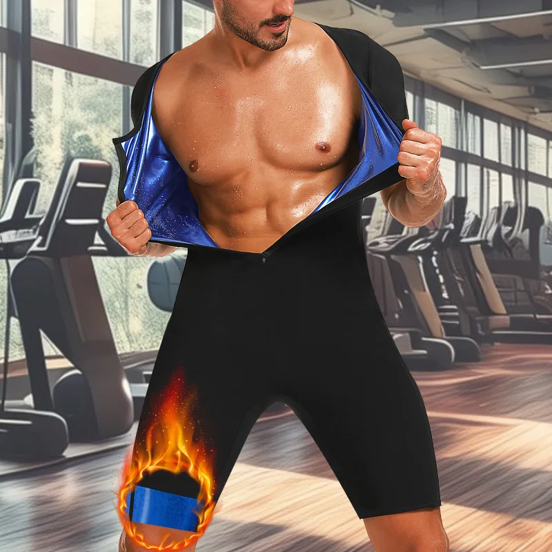 الرجال 3 في 1 ساونا قميص العرق الحرارة محاصرة فقدان الوزن كامل محدد شكل الجسم تجريب قصيرة الأكمام السراويل ممارسة اللياقة البدنية حللا