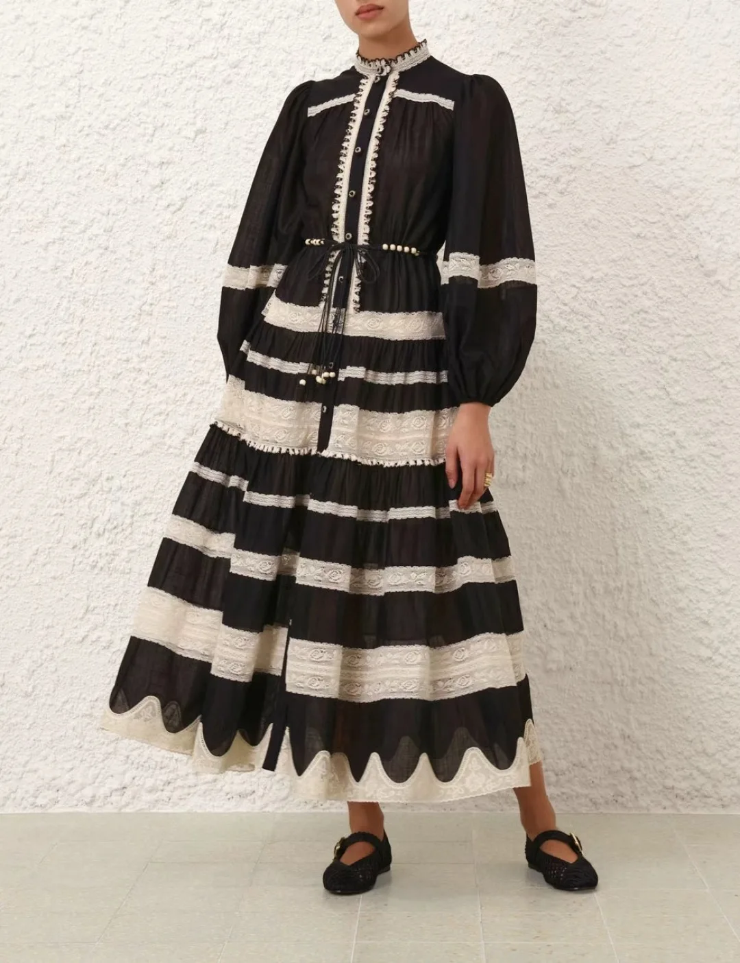 

Classic 2025 New High Quality Cotton Women Black Long Sleeve Lace Patchwork Holiday Midi Dress
