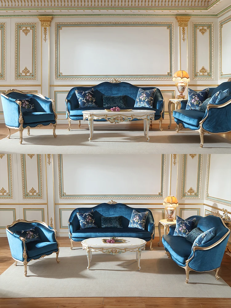 French court wind blue velvet sofa, beech wood, retro luxury, European style living room fabric sofa