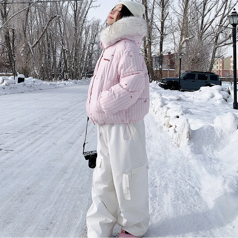 

Women's Winter Big Fur Collar Hooded Cotton Jacket Korean Fashion Bow Printed Cotton-Padded Coat Casual Thickened Warm Outerwear