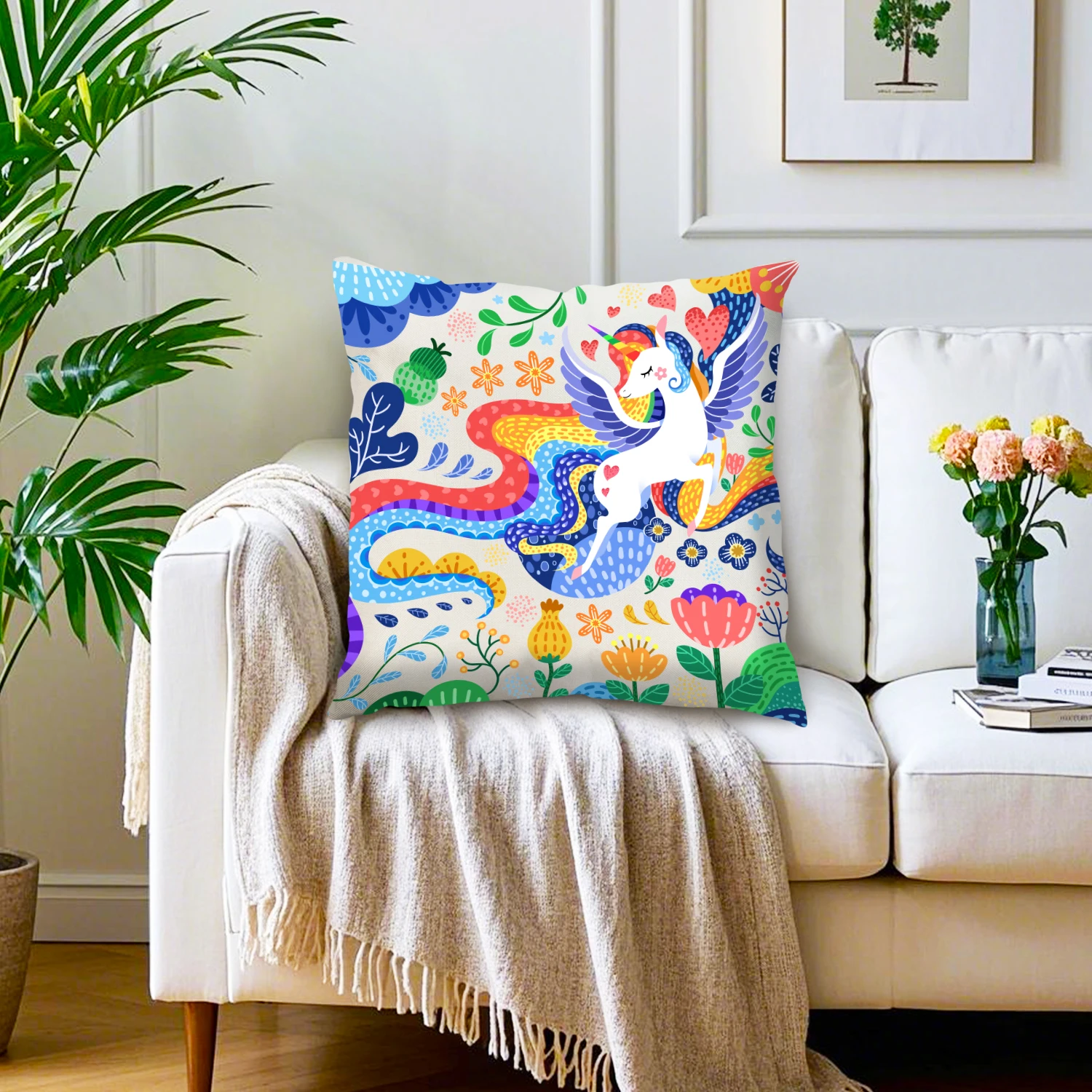 Fantasy Rainbow Unicorn Linen Cushion Cover Fairy Tale Animal Floral Pillowcase Whimsical Garden Nature Decor Living Room Sofa