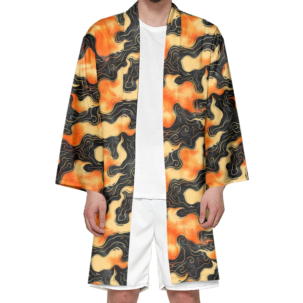 

Autumn Samurai Kimono Cosplay Japanese Fashion Long Kimono Unisex Stylish Haori Kimonos Retro Flame Print Cardigan Robe Yukata