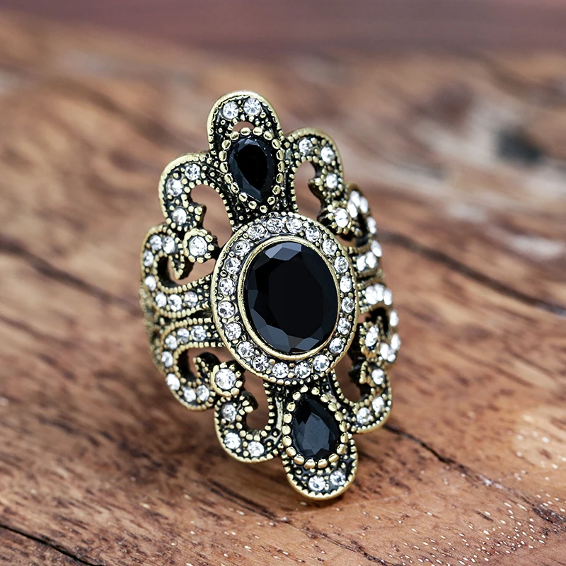 Vintage Vintage Bohe Black Crystal Rings For Women Openworked Gold Plated Creative Design Ethnic Bridal Wedding Jewelry Gifts