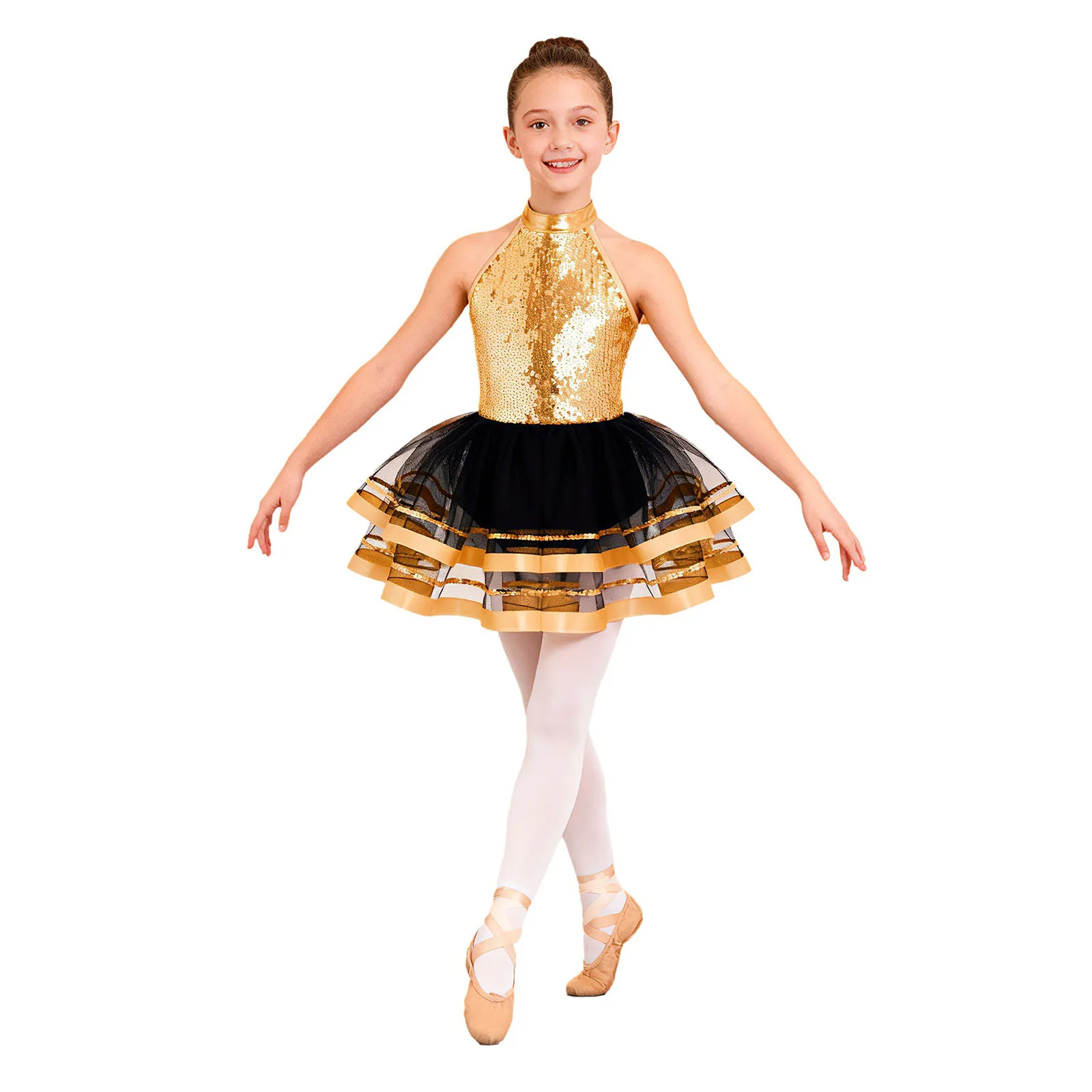 Glitzerndes Pailletten-Ballett-, Jazz- und Stepptanzkostüm für Mädchen, mit Neckholder-Oberteil und mehrlagigem Tüllrock für Wettbewerbe. – Detail 28