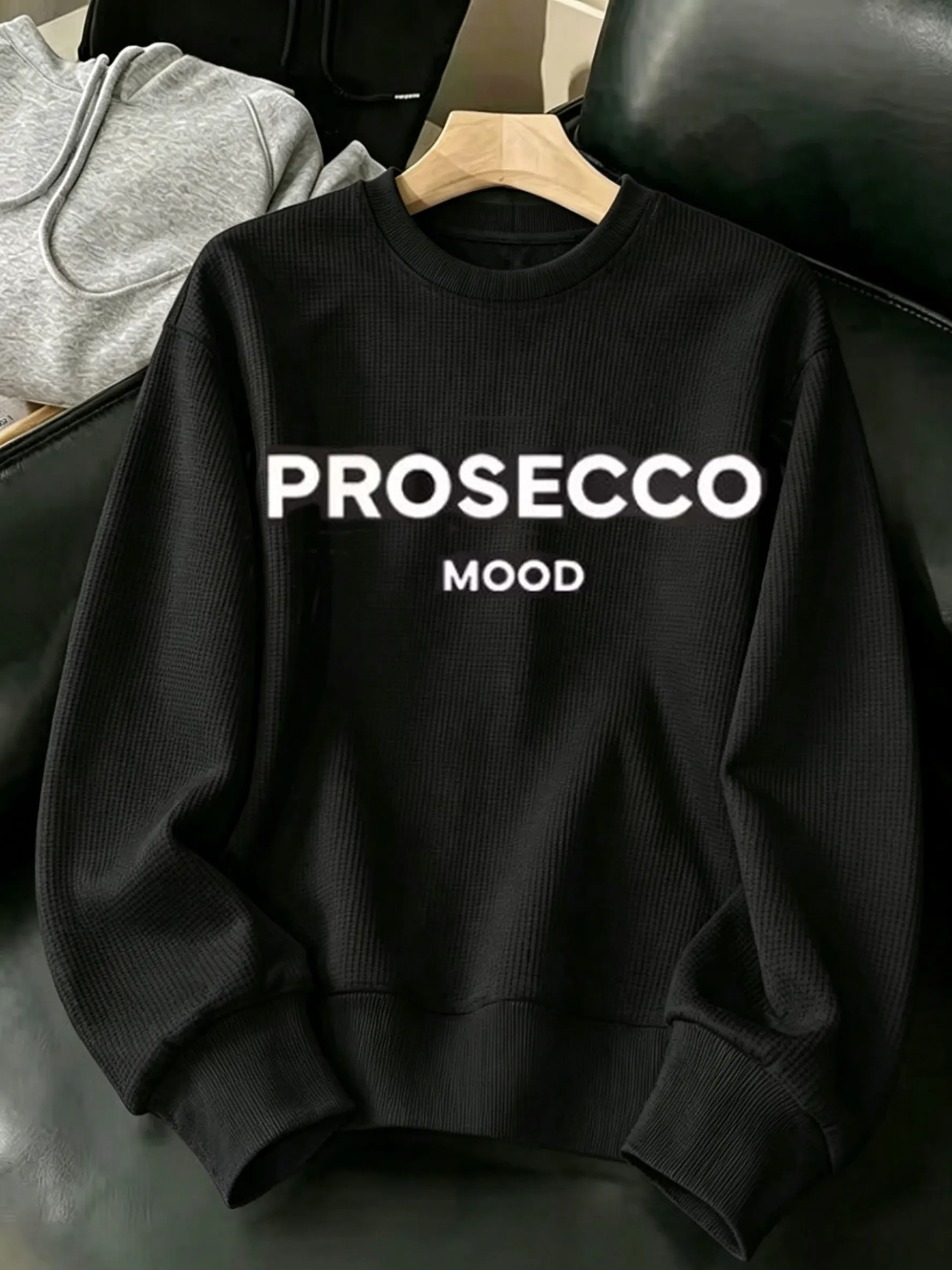 

Women Black Waffle Crewneck Sweatshirt Prosecco Mood Graffiti Letter Print Casual Tops