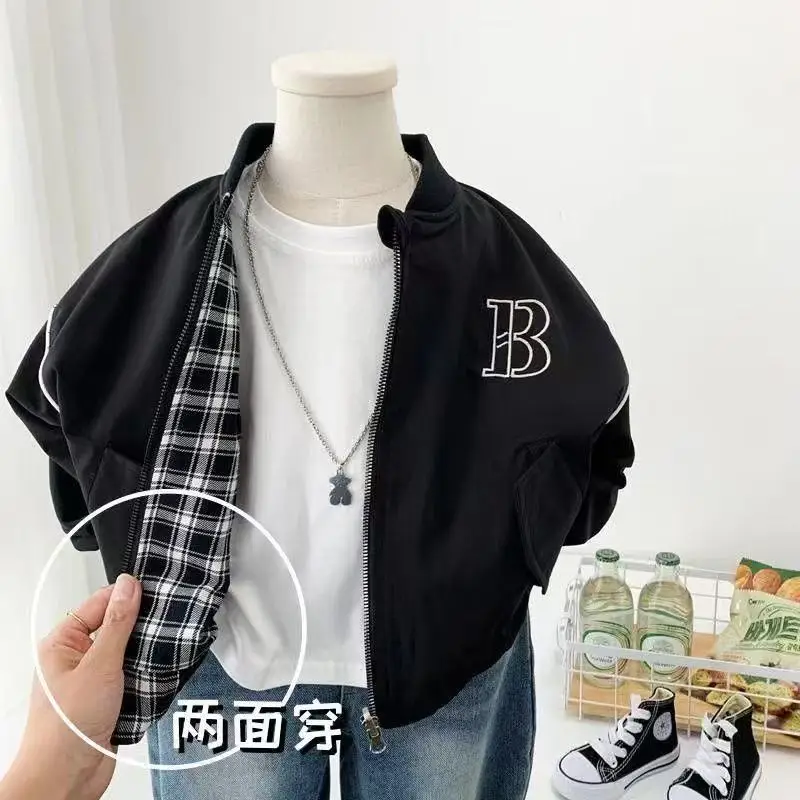 

2026 New Boys' Jacket Spring and Autumn Children's Korean Version Baseball Uniform Hooded Casual Coat Double-sided Wear