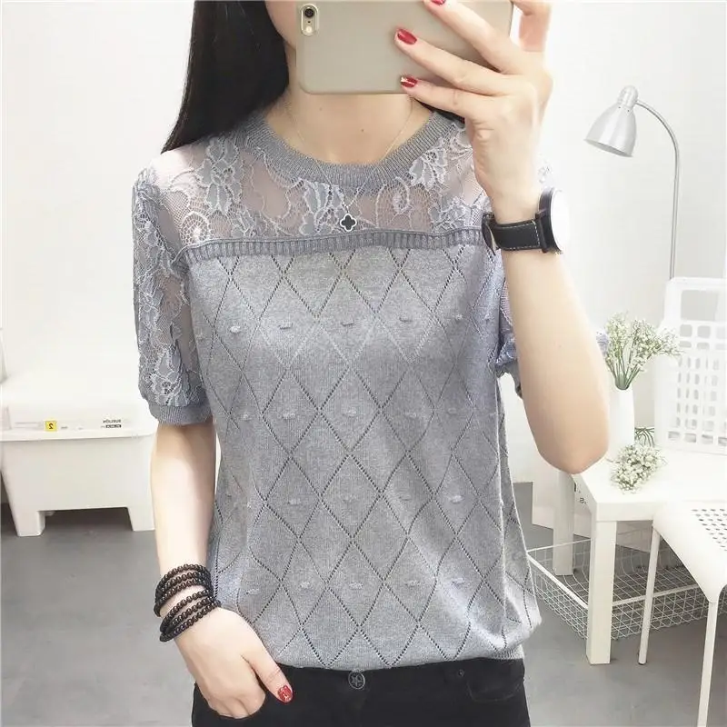 Casual Summer Stylish Argyle T-shirt Female Clothing Solid Color Commute Elegant Lace Hollow Short Sleeve Out Knitted Pullovers