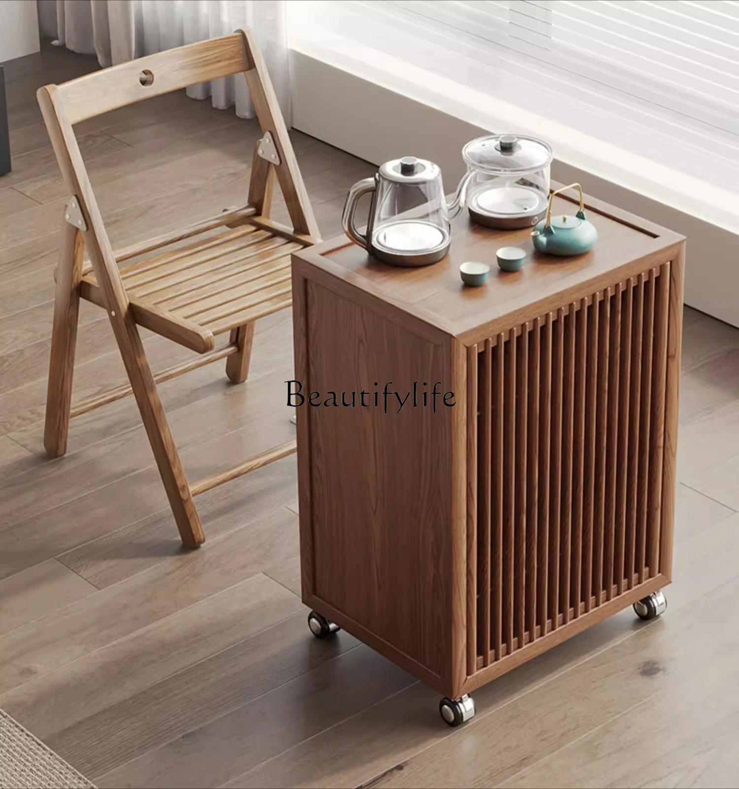 

08Multifunctional tea table household solid wood new Chinese style living room balcony movable tea table