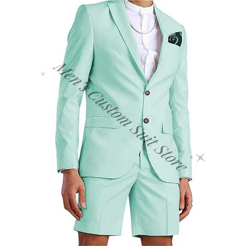 Mode Mint Hemelsblauw 2 Stuks Zomer Herenpakken (Jas + Korte Broek) Inkeping Revers Slim Fit Blazer Broek Bruiloft Grooms Smoking