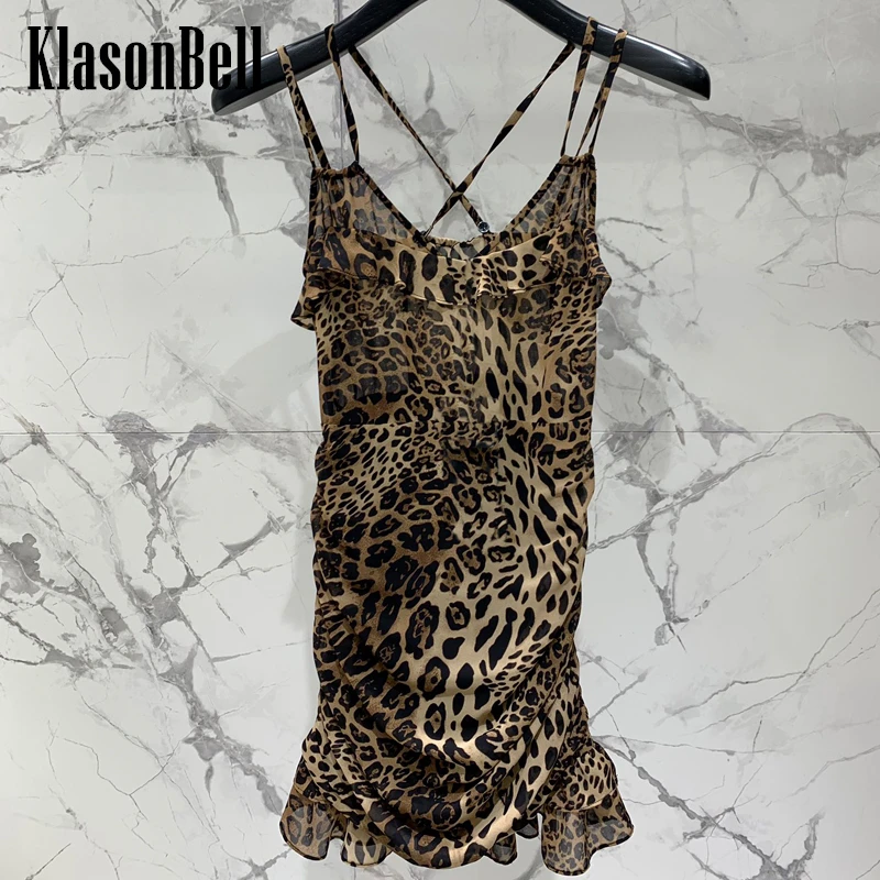 

6.12 KlasonBell Fashion Hot Girl Leopard Print Ruched Spaghetti Strap Dress Women Sexy V-Neck Backless Ruffle Package Hip Dress