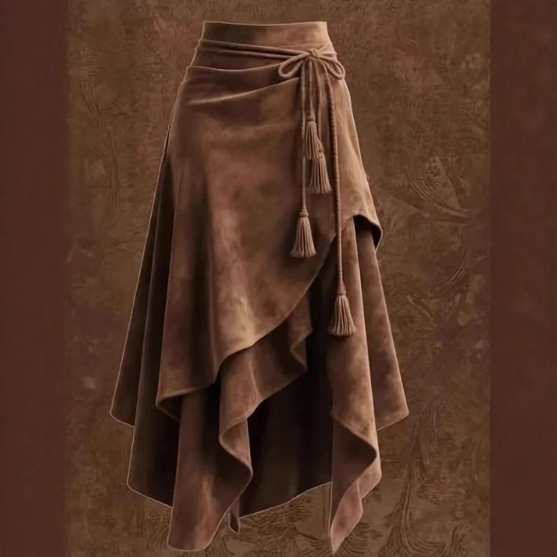 2026 Retro Suede Wrap Midi Skirt Women Bohemian Tassel Belt High Waist Asymmetrical Ruffle Hem Irregular Flowy Skirts Streetwear