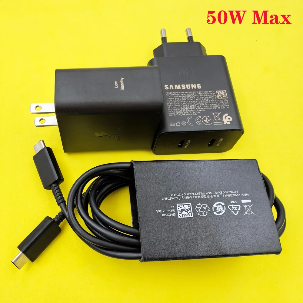 

Быстрое зарядное устройство Samsung 50 Вт + 25 Вт с двумя портами PD Quick Charge Настенный адаптер ЕС/США для Galaxy S25 S24 Ultra F17 C55 A55 и кабель 1/1,8 м 5А