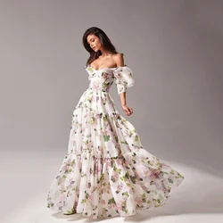 2023 New Charming Printed Chiffon A-line Off Shoulder Loose Short Sleeve Prom Dresses Sweetheart Evening Dresses For Women