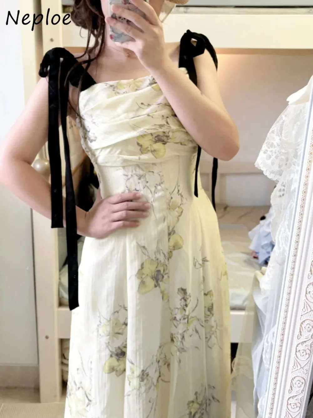 

Neploe Temperament Print Mid-length Elegant Mujer Strapless Bow Lace Up Slim Waist Vestidos Japan Minority Exquisite New Dress