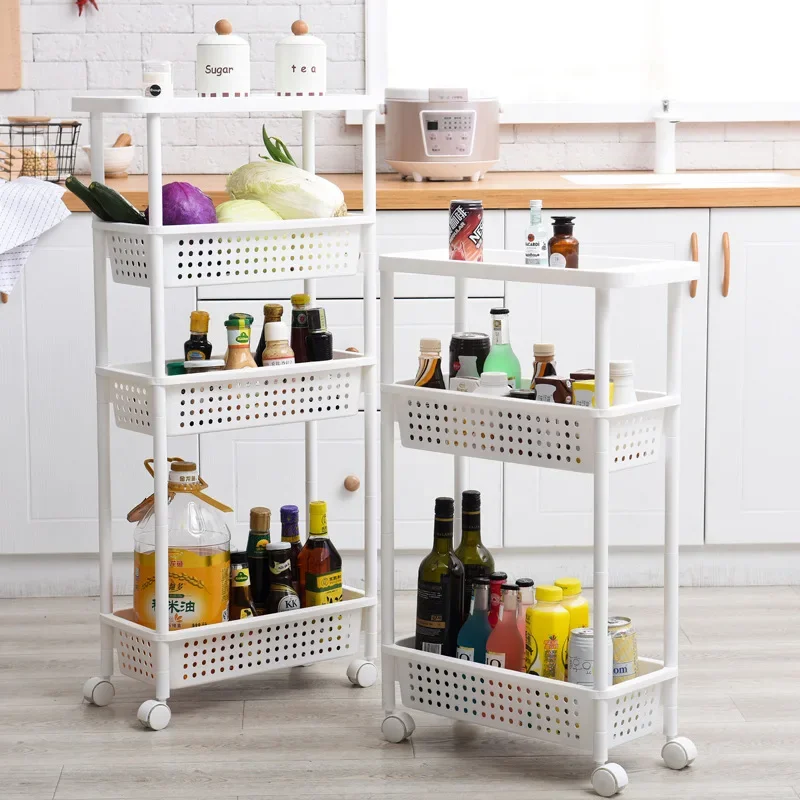 

Space Kitchen Storage Rack Shelf Slim Slide Tower Movable Assemble Thickened Plastic Bathroom Shelf Wheels Space Saving Organize