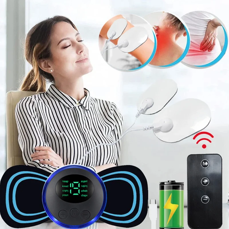 

8 режимов, 19 уровней, умный электрический EMS-массажер для шеи, портативный, перезаряжаемый, с накладками для шейных позвонков, для расслабления и коррекции мышц.