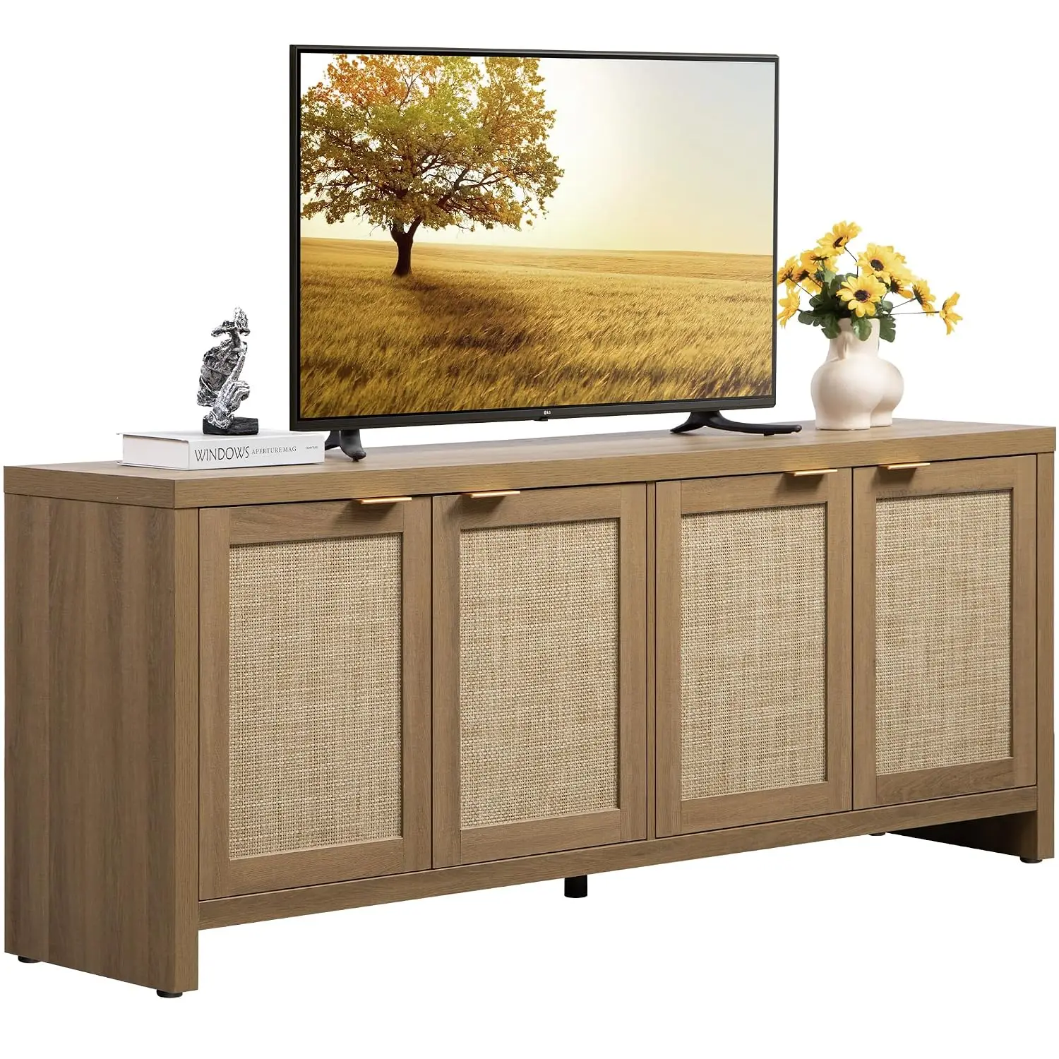 Boho TV Stand with 4 Rattan Storage Cabinets, Farmhouse Media Console for Living Room & Bedroom, Fits 65 Inch TVs, Customized