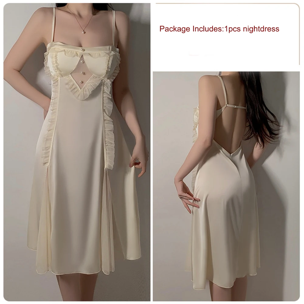 Ladies Satin Mesh Long Sling Nightdress With Chest Pad Sexy Sweet Ruffled Lace Sleepwear Homewear Soft Lingerie Suspenders Dress