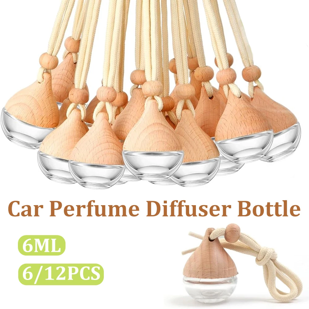 6/12PCS Drop Shape Perfume Glass Bottle Mini Essential Oil Perfume Diffuser Hanging Pendant Car Interior Freshening Aromatherapy
