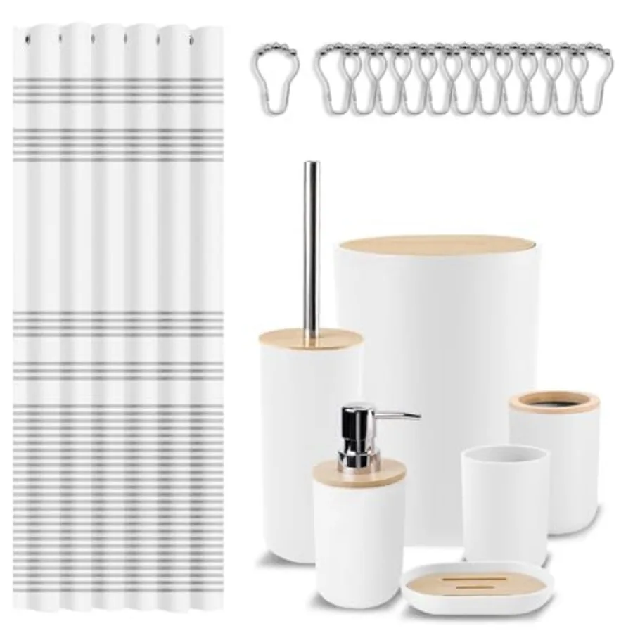 

Bathroom Accessories Sets, Shower Curtain Set with Trash Can, Soap Dispenser, Toilet Brush Holder, Toothbrush Holder and Toothb