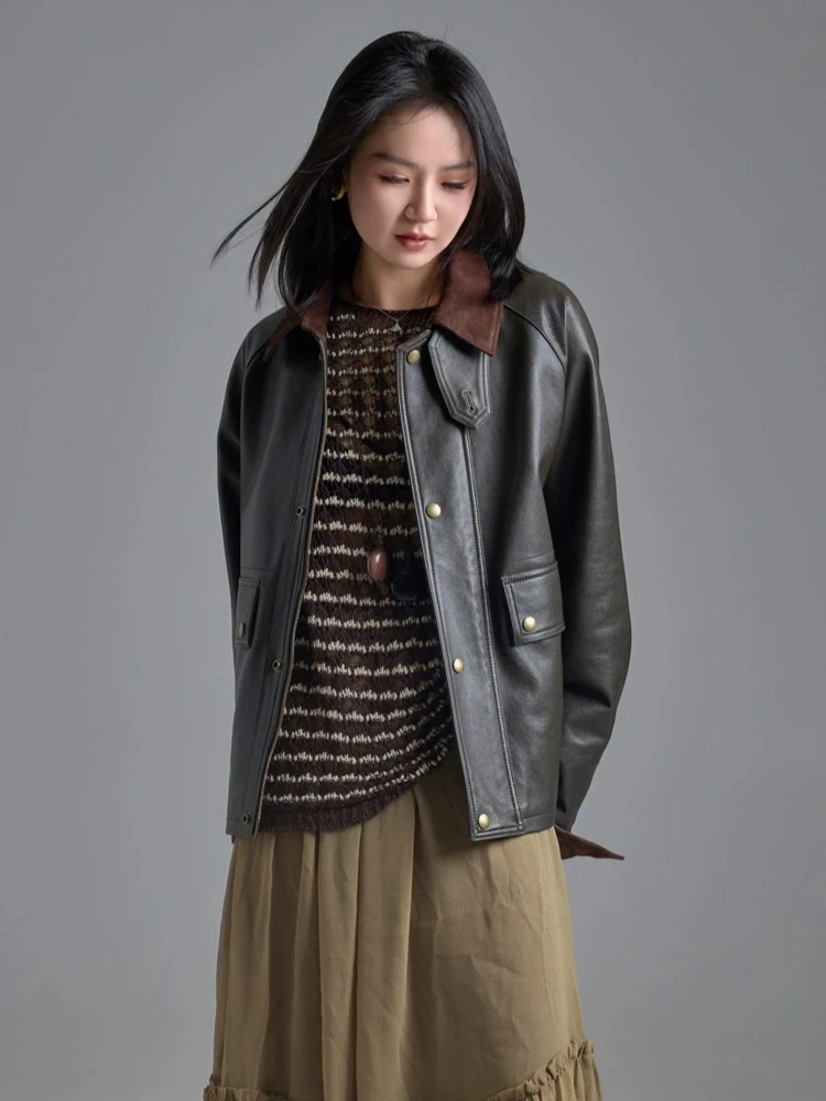 Giacche cargo in vera pelle vintage anni '90 per donna Autunno Inverno 2025 Nuovo cappotto di alta qualità semplice allentato morbido corto in vera pelle di pecora