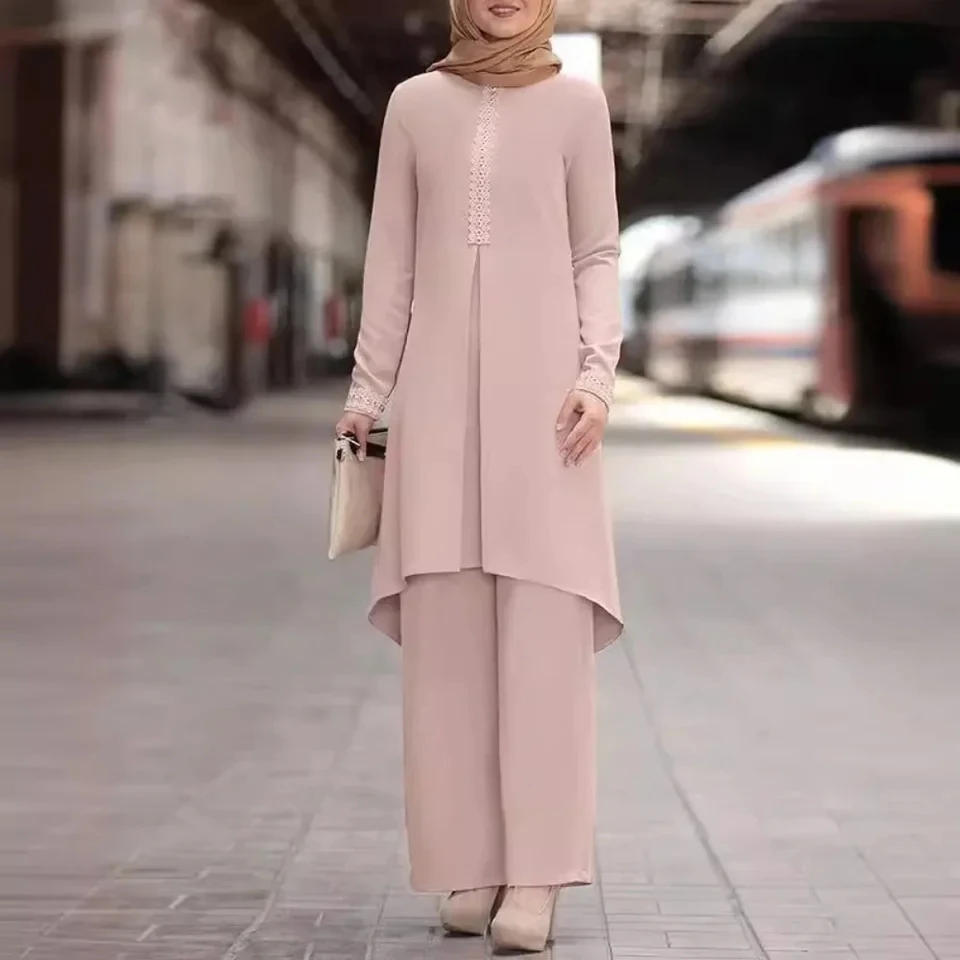 Muslim Fashion Two Piece Set Women's Solid Color Long Sleeved Lace Round Neck, Spring and Autumn New Style
