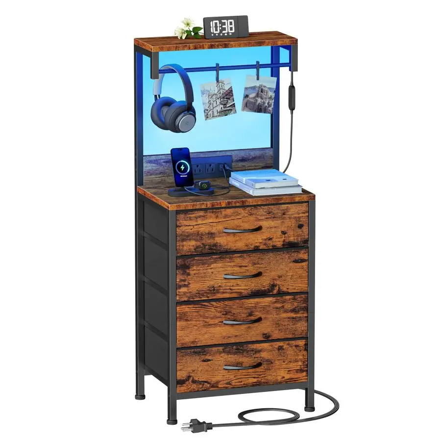 

Night Stand with Charger Station, 38 Tall Nightstand with 4 Fabric Drawers and LED Lights, Bedside Table with Storage Shelf for