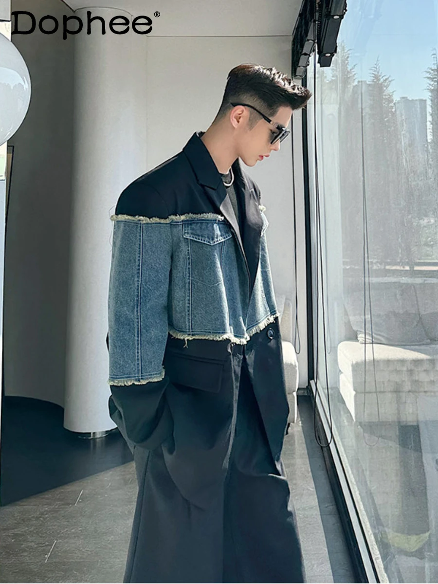 

Spring 2024 Denim Suit Men's Tassel Suit Jacket Fashionable High-End Youth Popularity Trendy Male Blazers Long Sleeve Tops