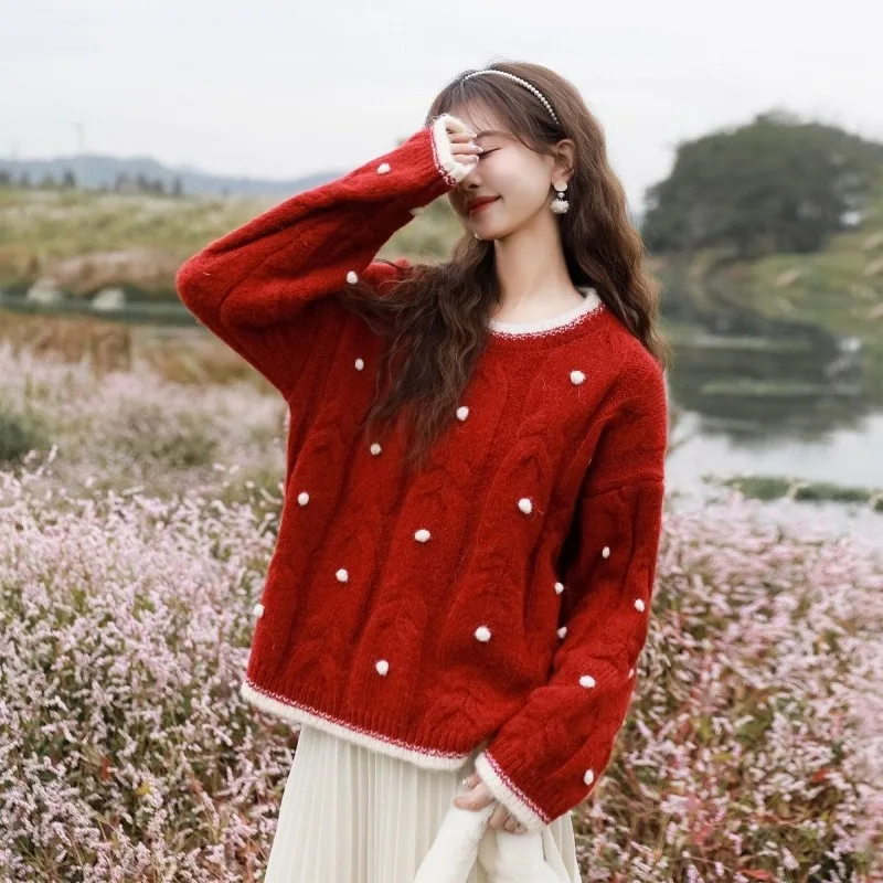 

Sweet Round Neck Sweater Women Korean Patchwork Soft Glutinous Christmas College Fashion Temperament Winter Loose Lady Knitwear