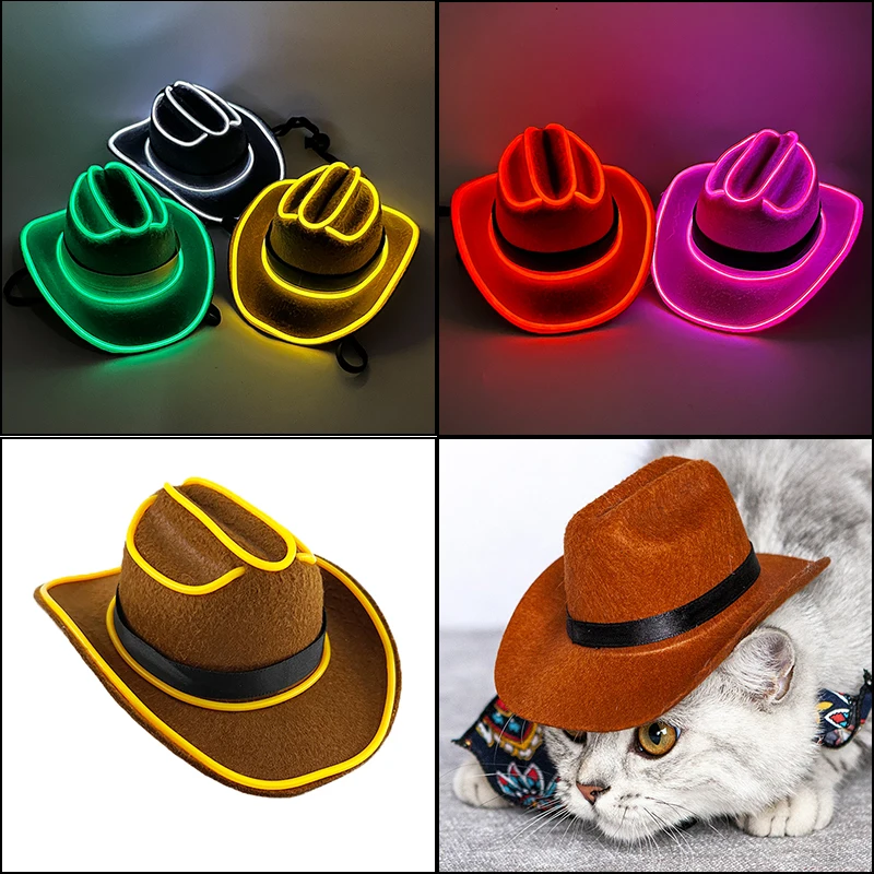 LED Light up Pet Cowboy Costume Cosplay Cap Mini Cowboy Hat Neon Glow Party Hats for Small Pets Puppy Cat Decoration